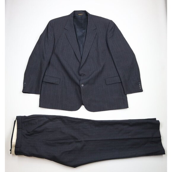 Vintage 70s Streetwear Mens 50L Striped Wool 2 Piece Suit Bell Bottoms 48x32 USA